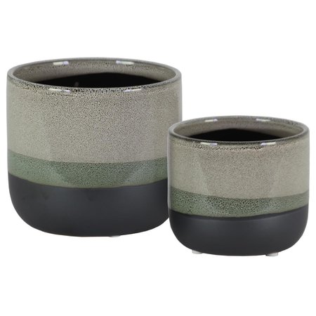 URBAN TRENDS COLLECTION Stoneware Round Pot with Tapered Bottom Black Banded Rim Bottom Gloss  Gray Set of 2 11434